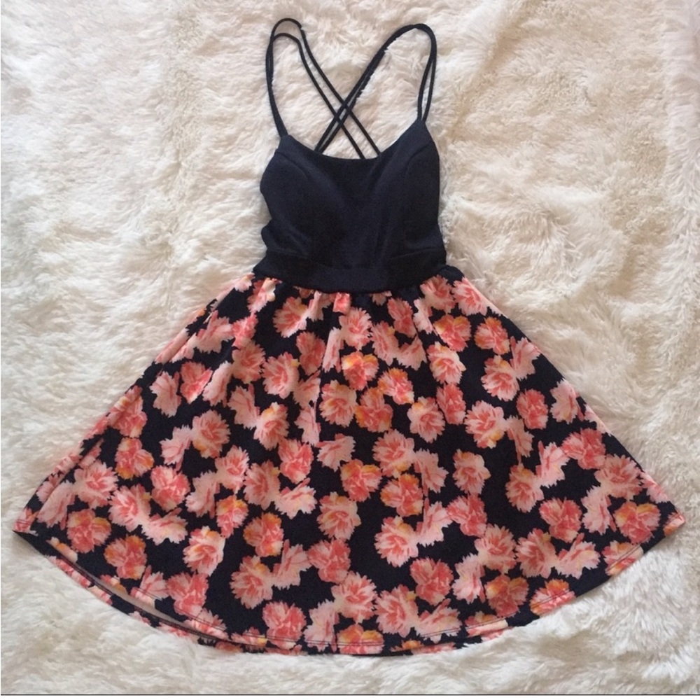 Navy Floral Dress with Criss Cross Straps